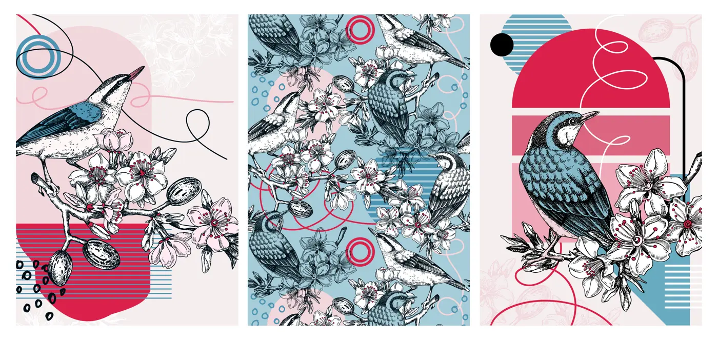 Valentine's day cards set. Collage style birds background. Hand-drawn vector illustration. Beautiful bird, blooming branch, almond, spring flower sketches. Trendy style love poster, print, wall art Illustration